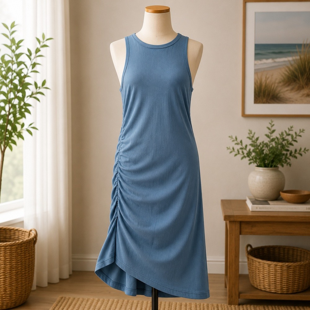 Melrose and Market Provincial Ribbed Ruched Sleeveless Midi Dress MM490418MI